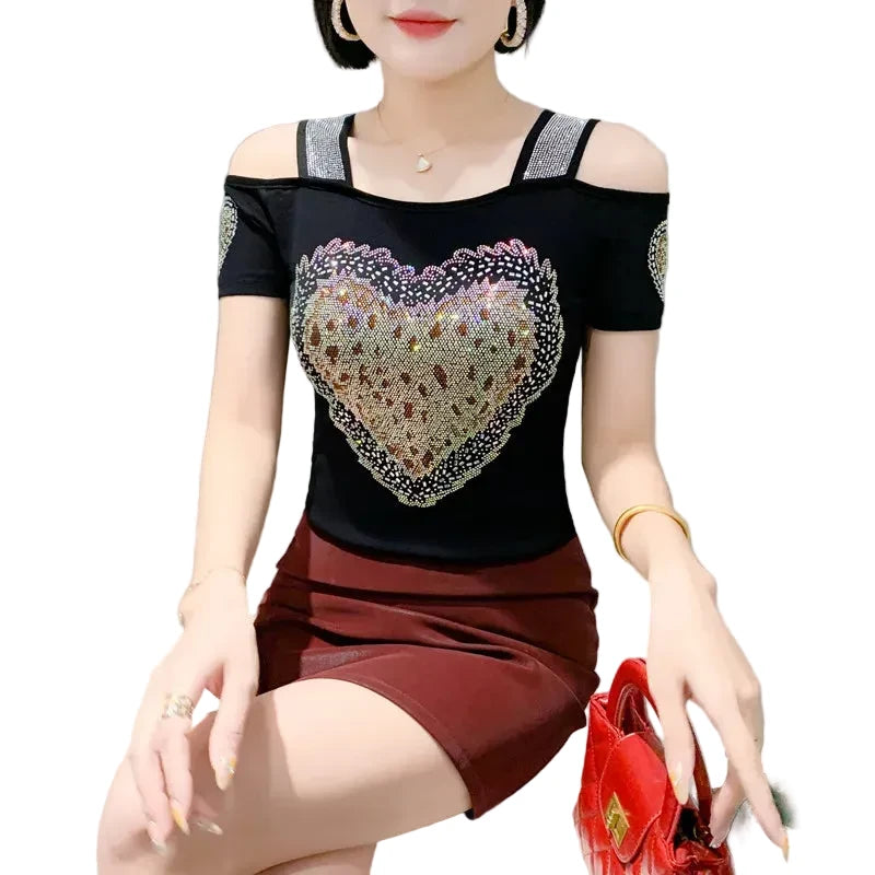🍒Streetwear chic Heart Shaped top diamond t-shirt off shoulder black tee women summer short sleeve mesh tops SEQ And w 'UIN This Heart