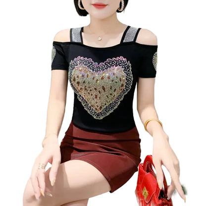 🍒Streetwear chic Heart Shaped top diamond t-shirt off shoulder black tee women summer short sleeve mesh tops SEQ And w 'UIN This Heart