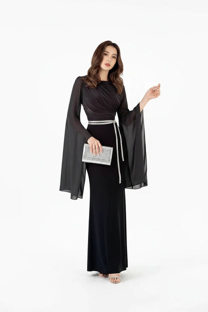 🍒Chiffon gown for women solid dress o-neck slim elegant evening wear bell sleeve high Waist outfit pleats long party occasion wear No Need To Ring For This Bell