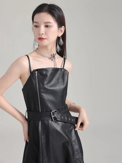 🍒Black faux leather dress spaghetti strap pu outfit with zip front sleeveless belted midi a-line dress party occasion wear sleeveless wear for women Like A Biker
