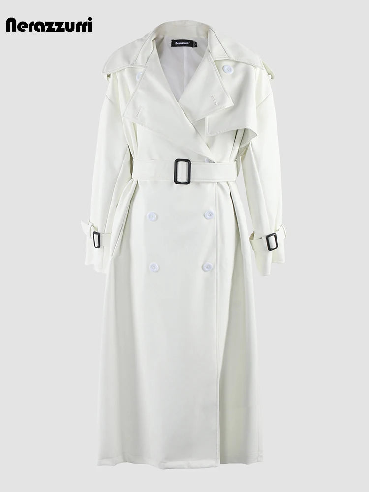 🍒 Long oversized black trench coat faux leather outerwear for women double breasted overcoat belt loose smart casual outdoor wear