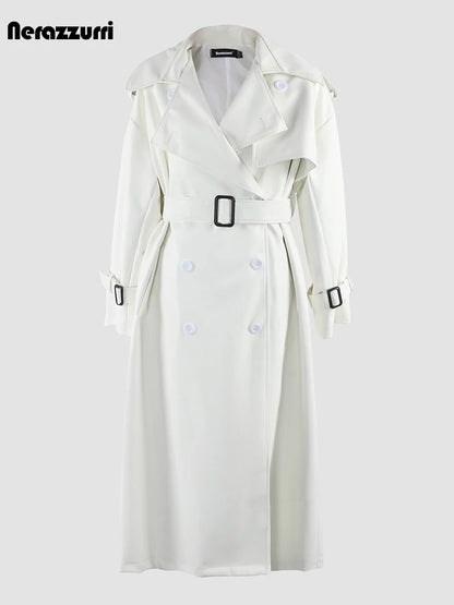 🍒 Long oversized black trench coat faux leather outerwear for women double breasted overcoat belt loose smart casual outdoor wear