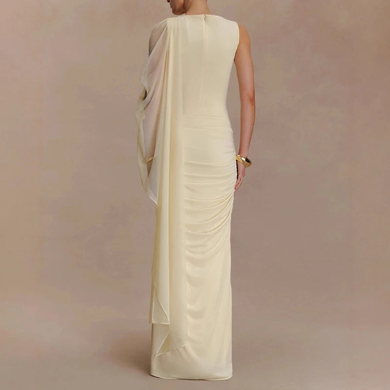 🍒Mesh draped dress solid color outfits o/neck high waist chiffon evening gowns occasion wear maxi shawl dress  Rome-mantic