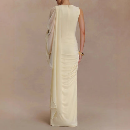 🍒Mesh draped dress solid color outfits o/neck high waist chiffon evening gowns occasion wear maxi shawl dress  Rome-mantic