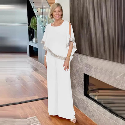 🍒Two-piece suit o-neck top and pants set for women summer fashion sequin bat wing top wide leg trousers occasion party wear Get Hold Of A Cold Shoulder And Warm Your Heart