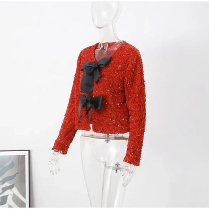 🍒Bow tie sequin dress for women long sleeve shiny mini dress female chic backless evening party dress with back bow crop sequin jacket long sleeve with satin bow front  occasion party wear