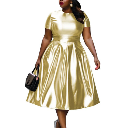 🍒A-line shiny dress metallic short sleeve midi for women plus size outfit fit and flare elastic dress smart casual clothing Summer Stunner