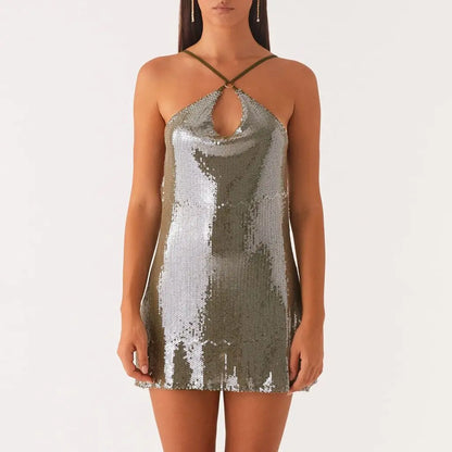 🍒Sequin summer dress glitter mini outfit sleeveless adjustable thin spaghetti Strap fashion clothes for parties backless mini dress black  Back Classics