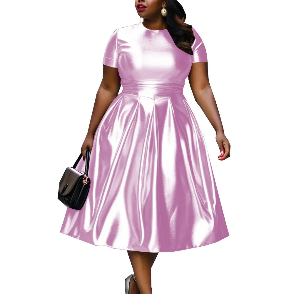 🍒A-line shiny dress metallic short sleeve midi for women plus size outfit fit and flare elastic dress smart casual clothing Summer Stunner