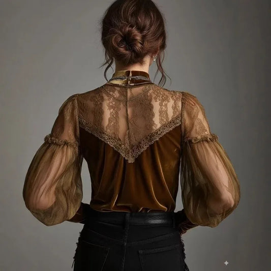 🍒Velvet shirt for women fashion long-sleeve turtleneck chiffon top vintage blouses for ladies retro puff sleeves mesh tops occassion partywear clothimg CHIFFON To Vint-ricate Vibing VELVET