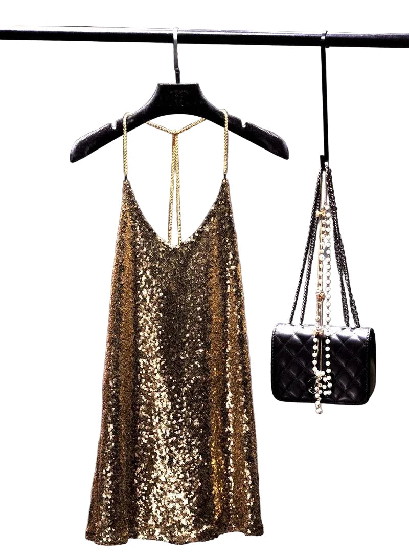 🍒Party dress with metal straps for womens sequin outfit with hanging neck back chain Long Render In backless sleeveless dress nightclub party occasion wear You Will Be Melted When You Get This Molton