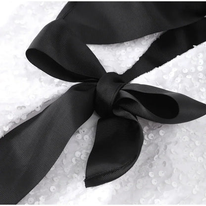 🍒Bow tie sequin dress for women long sleeve shiny mini dress female chic backless evening party dress with back bow crop sequin jacket long sleeve with satin bow front  occasion party wear