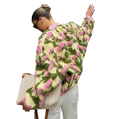 🍒Floral fleece bomber jacket women smart casual elegant stand collar bomber embroidery long sleeve zip up short coat spring outerwear 3D clothing  Fab Fleece Flowery Fashion Fun