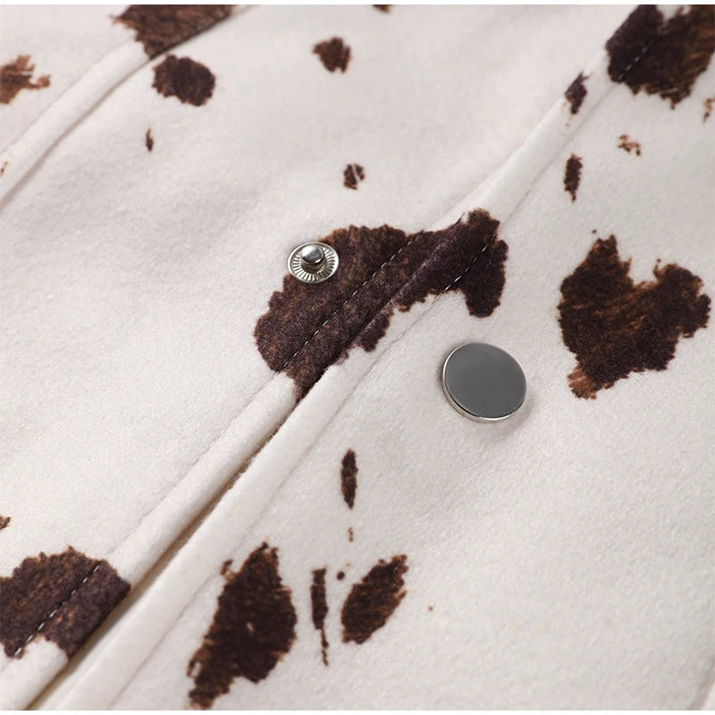 🍒Women's cow print Jacket with lapel collar short zipper coat for smart casual female outerwear  Warm    Milk (it) A Cow