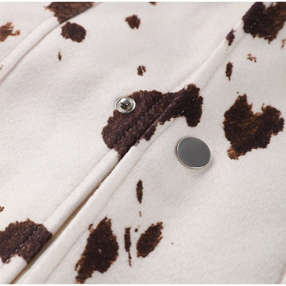 🍒Women's cow print Jacket with lapel collar short zipper coat for smart casual female outerwear  Warm    Milk (it) A Cow