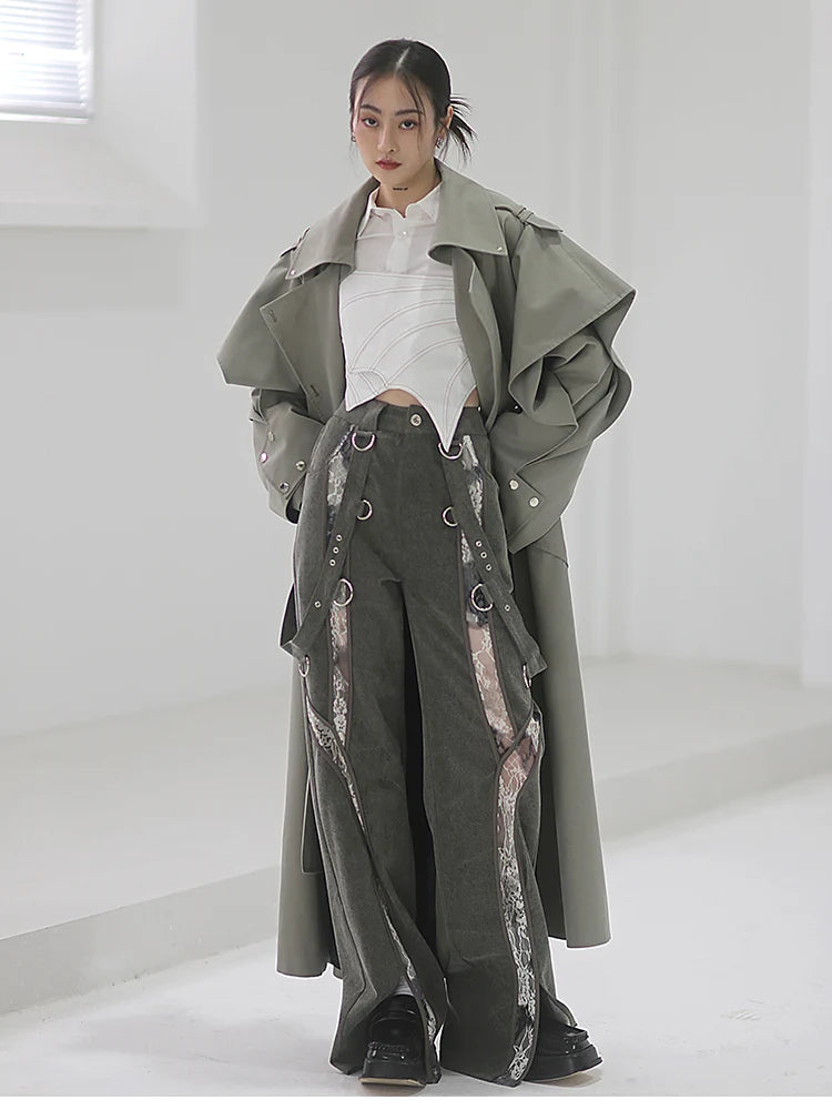 🍒Long oversized trench coat elegant ruffled outerwear for women double breasted luxury designer overcoat runway fashion  Trendy Travel Trench Classic Comfort