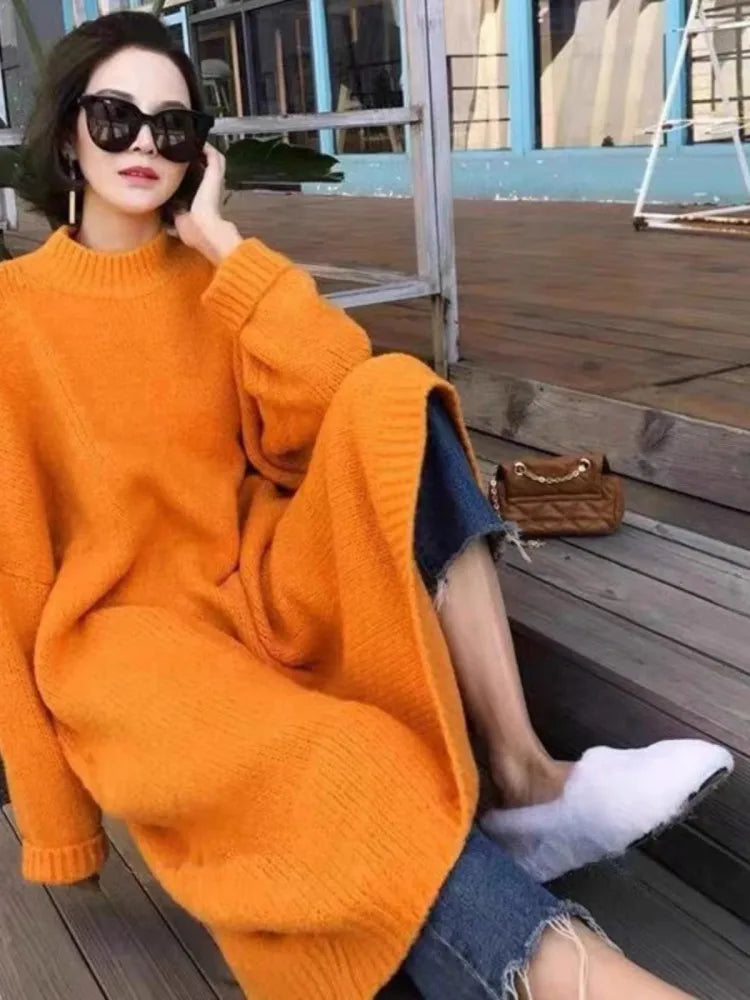 🍒 Round neck sweater dress winter woollen dresses plus size maxi outfit thick and loose oversize fashion clothing casual wear women No Sweat Sweater Dress