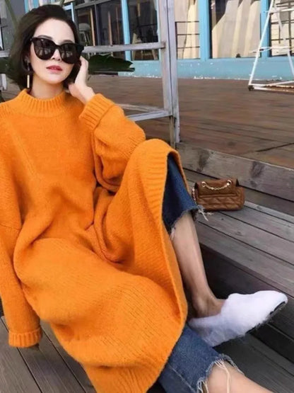 🍒 Round neck sweater dress winter woollen dresses plus size maxi outfit thick and loose oversize fashion clothing casual wear women No Sweat Sweater Dress