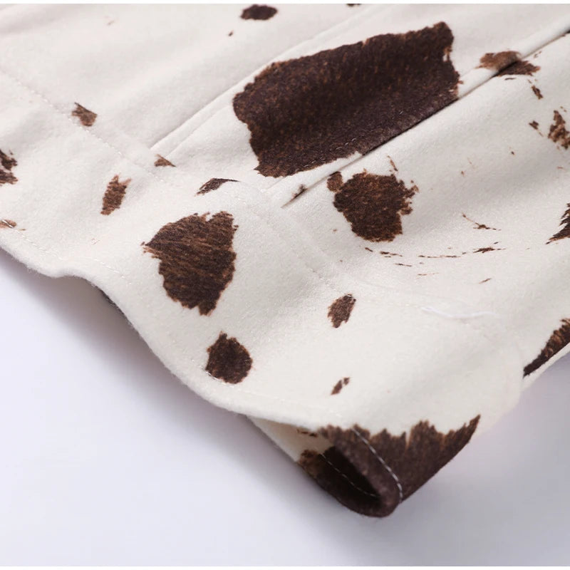 🍒Women's cow print Jacket with lapel collar short zipper coat for smart casual female outerwear  Warm    Milk (it) A Cow