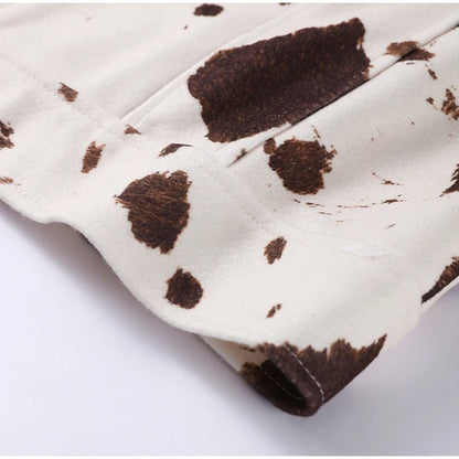 🍒Women's cow print Jacket with lapel collar short zipper coat for smart casual female outerwear  Warm    Milk (it) A Cow