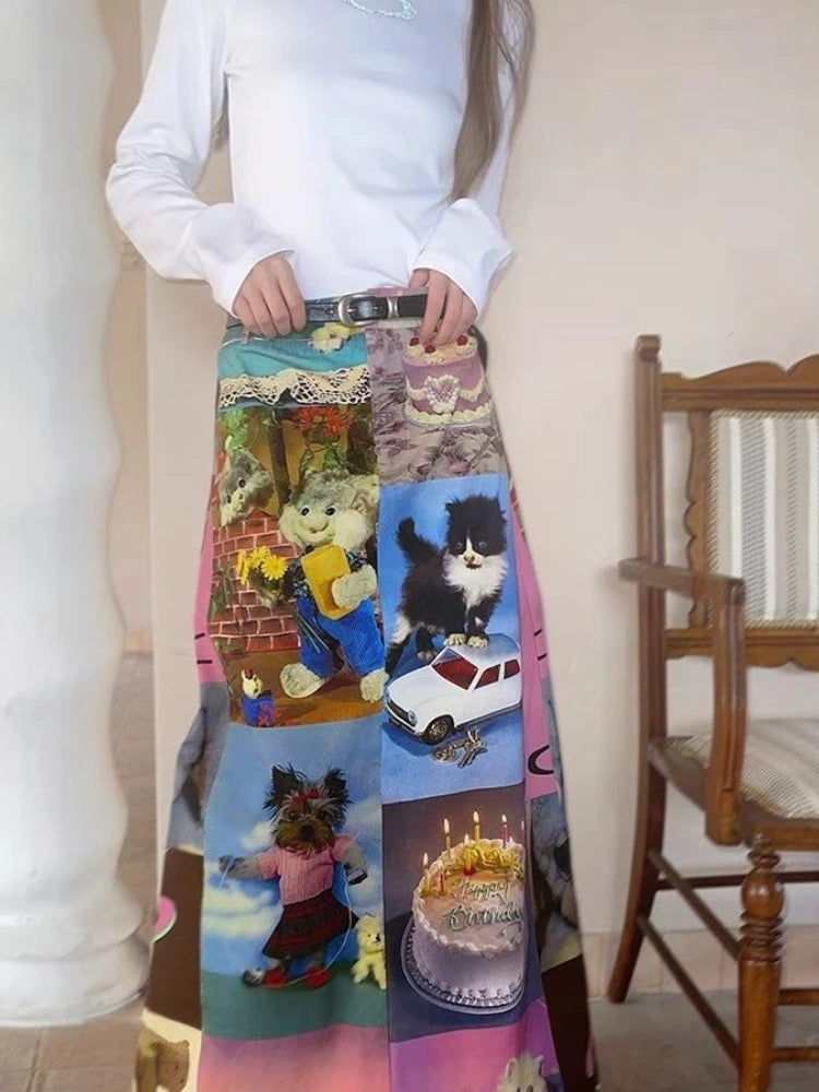 🍒Cartoon maxi skirt high waist long design aesthetics printed clothes for women spring summer fashion cute vintage style smart casual clothing Get Blown Away With This Candle Cake skirt