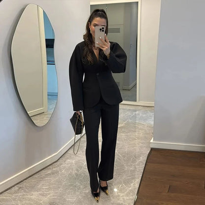 🍒Stylish blazers coat v neck jacket for women and pants set party occasion wear single button suit with matching straight long trousers office outfit single out this single button in a Single Minute