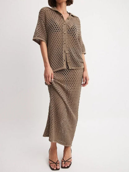 🍒Mesh two piece set women's summer clothing casual mesh knit blouse and matching long skirt   fashionable fishnet beach wear matching sets Look Delicious in Banana And Chocolate