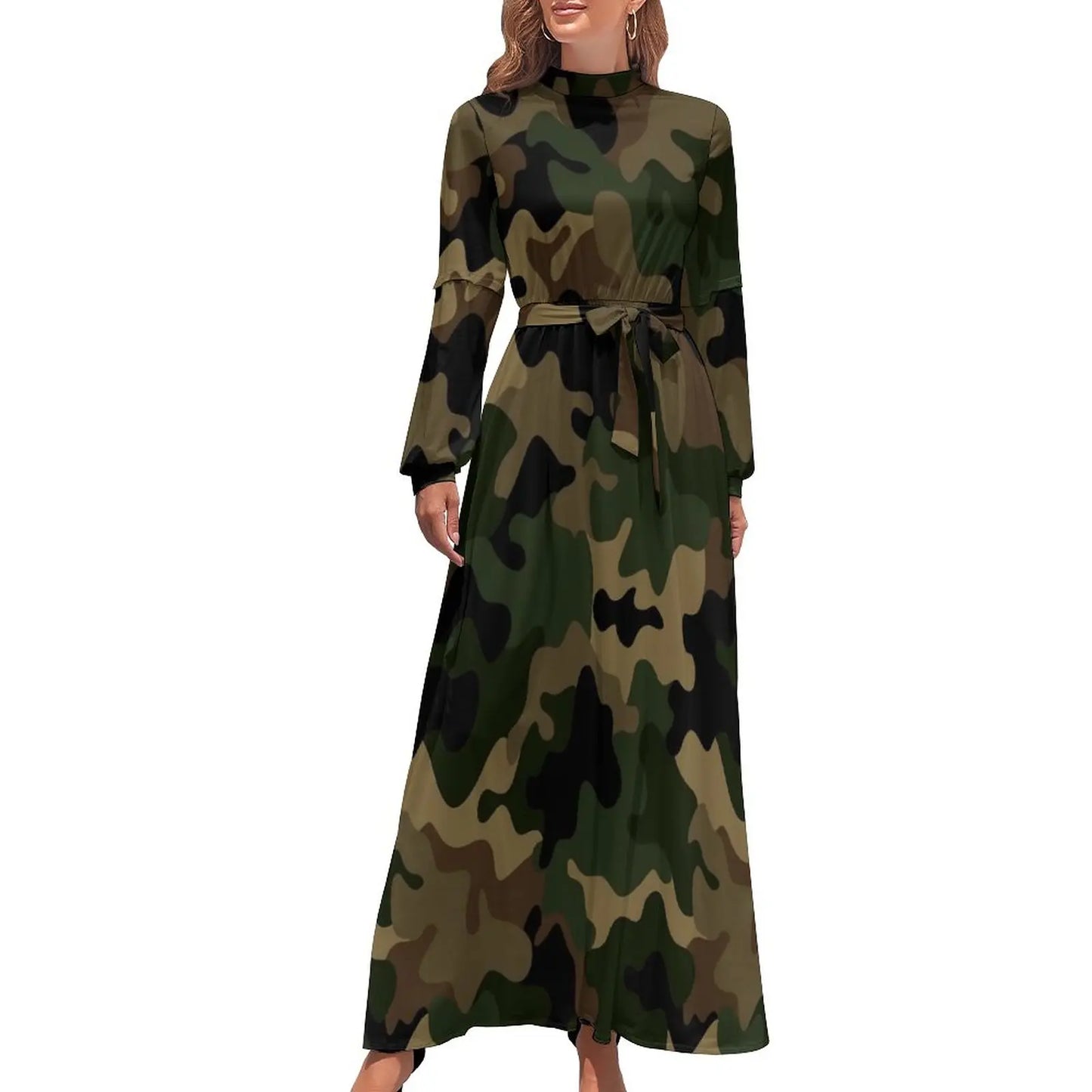 🍒Military camoflauge dress high waist outfit bohemian chic long-sleeve maxi stylish smart casual clothing women Camodel Camo