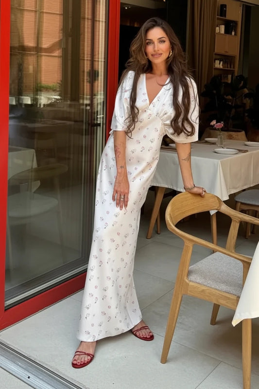 🍒White floral satin maxi dress for women casual or occasion wedding guest beach vacation outfit flower printed v-neck dress womens fashion slim fit waist short butterfly sleeve long summer wear with short sleeves high waist cute comfy casu-casion