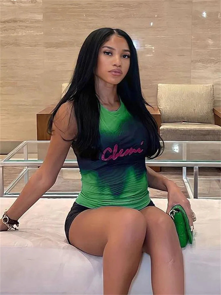 🍒Tie dye sleeveless top mesh see through crop top women party vest hot club wear Y2K Slim Clothing Get Your Greens