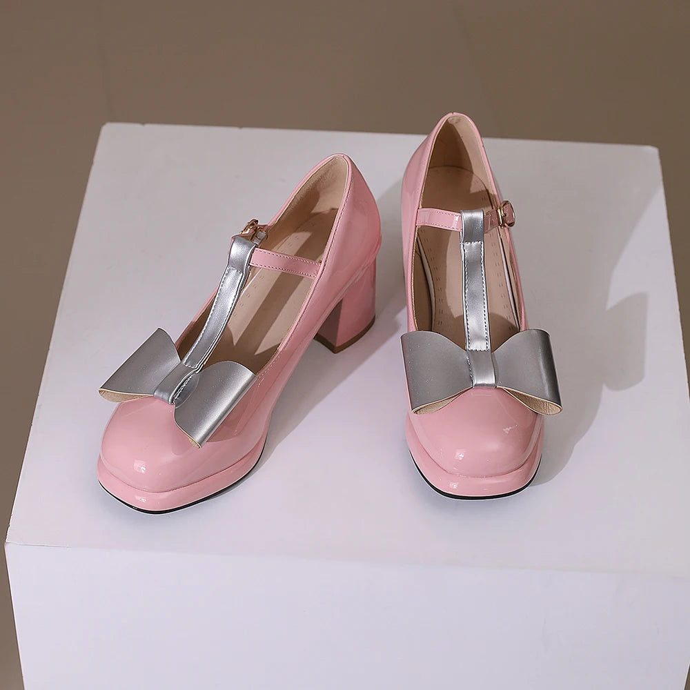🍒T strap high heels round toe pumps women low platform shoes plus size available bow footwear for party wear wedding t-bar for special occasions Footwear With A Bow On IT