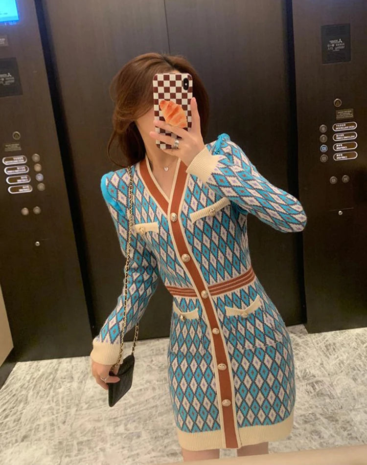 🍒Knitted dress for women v- neck autumn winter fashion french style clothing smart casual female outfit women diamond checkered clothing Playout Plaids