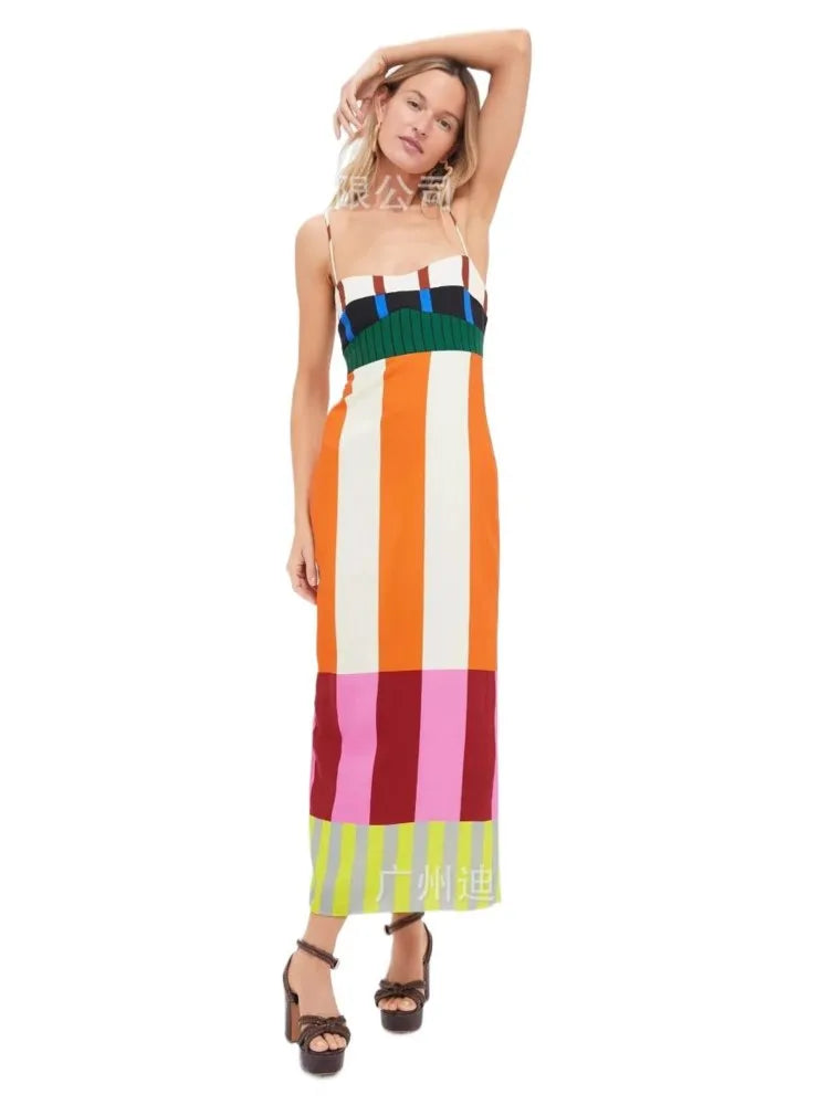 🍒 Colourful High waist maxi  striped dress fashion smart casual elegant party occasion wear long outfit women spaghetti strap bohemian summer fashion wear Their Will Be Double Takes With This Four Stripes