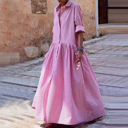 🍒Women's check maxi dress high street clothing fashion and long loose shirt dress long sleeve with lapel pendulum outfit spring and summer fashion for holidays Check This Check