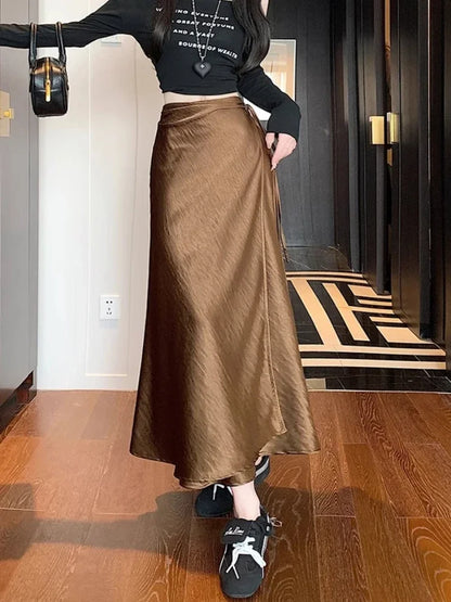 🍒Elegant high waist skirts for women fashion black grey satin skirt classic smart casual women  long skirt summer wear slinky silky skirty style