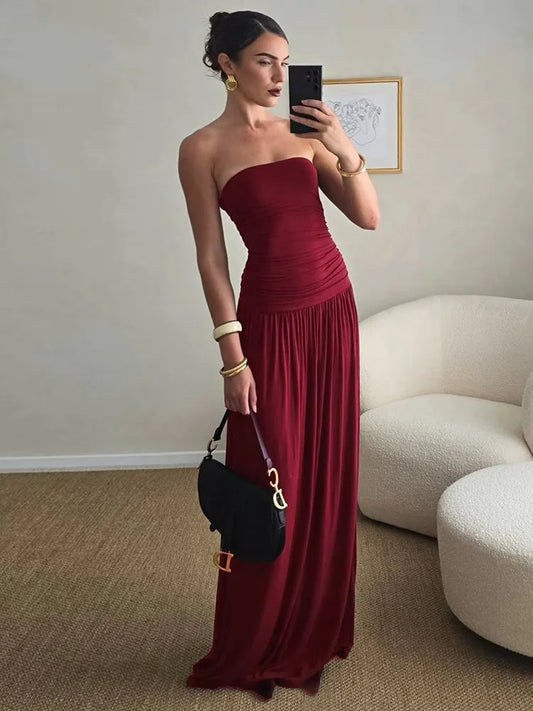 🍒Backless bandeau dress pleated maxi dress women fashion backless sleeveless high waist ruched long dress elegant Wine And Dine In Wine