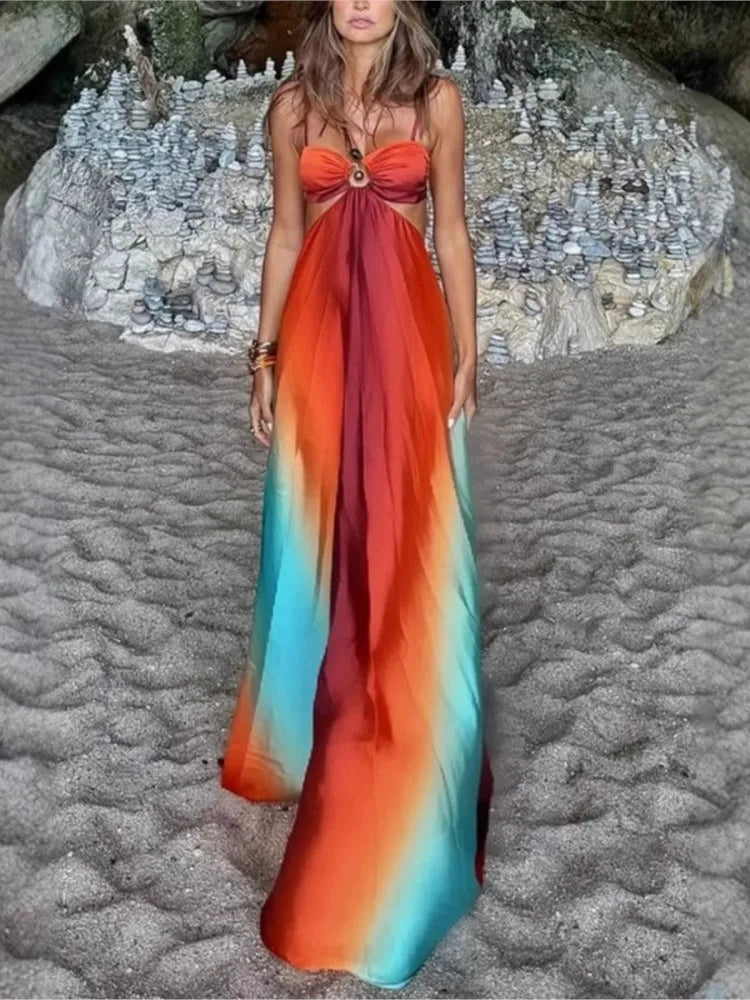 🍒Women's tie-dye gradient fitted waist shoulderless long dress contrast open detail pleated maxi dress with slit chic occasion  party holiday Wear Gravitate To A Gradient