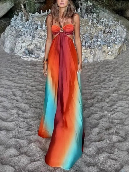 🍒Women's tie-dye gradient fitted waist shoulderless long dress contrast open detail pleated maxi dress with slit chic occasion  party holiday Wear Gravitate To A Gradient