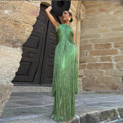 🍒Multi-layer tassel dress women's solid o-neck sleeveless cocktail dress elegant female fashion ball party outfit occasion wear club wear holiday beach party wear No Tossle Tassle