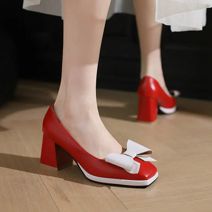 🍒Bow-tie heels women elegant shoes medium block heel pumps office wedding party shoes for occasions
