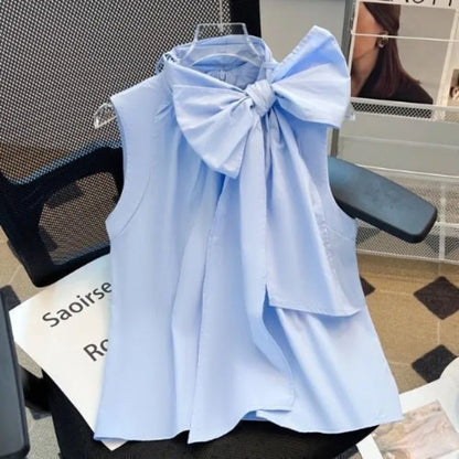 🍒Sleeveless blouse womens smart casual wear wrap bow shirt loose fit sweet girl summer fashion tops feminine clothing Bow-ldfully Sweet