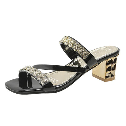 🍒Metalic sandals summer crystal high heels party shoes smart casual comfortable block heel sliders occasion footwear Crystal Cutes