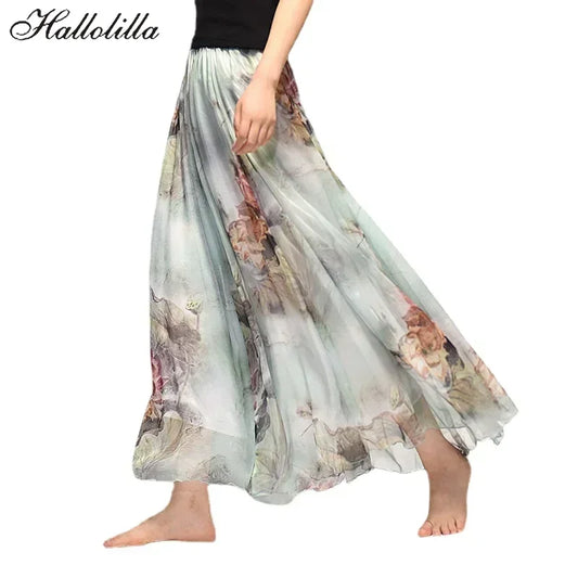 🍒Vintage bohemian long skirt full elegant chiffon fashion beach wear smart casual women high waist maxi skirt outfit summer Clothing Fill Your Basket With Roses