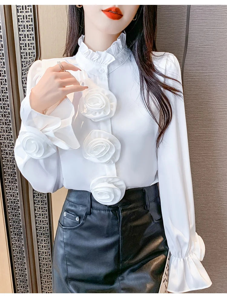 🍒Hot pink shirt high neck women flare cuff long sleeve classic fashion 3D flower blouse design feminine Clothing occasion party wear fashion Look HOT And ROSEy In PINK