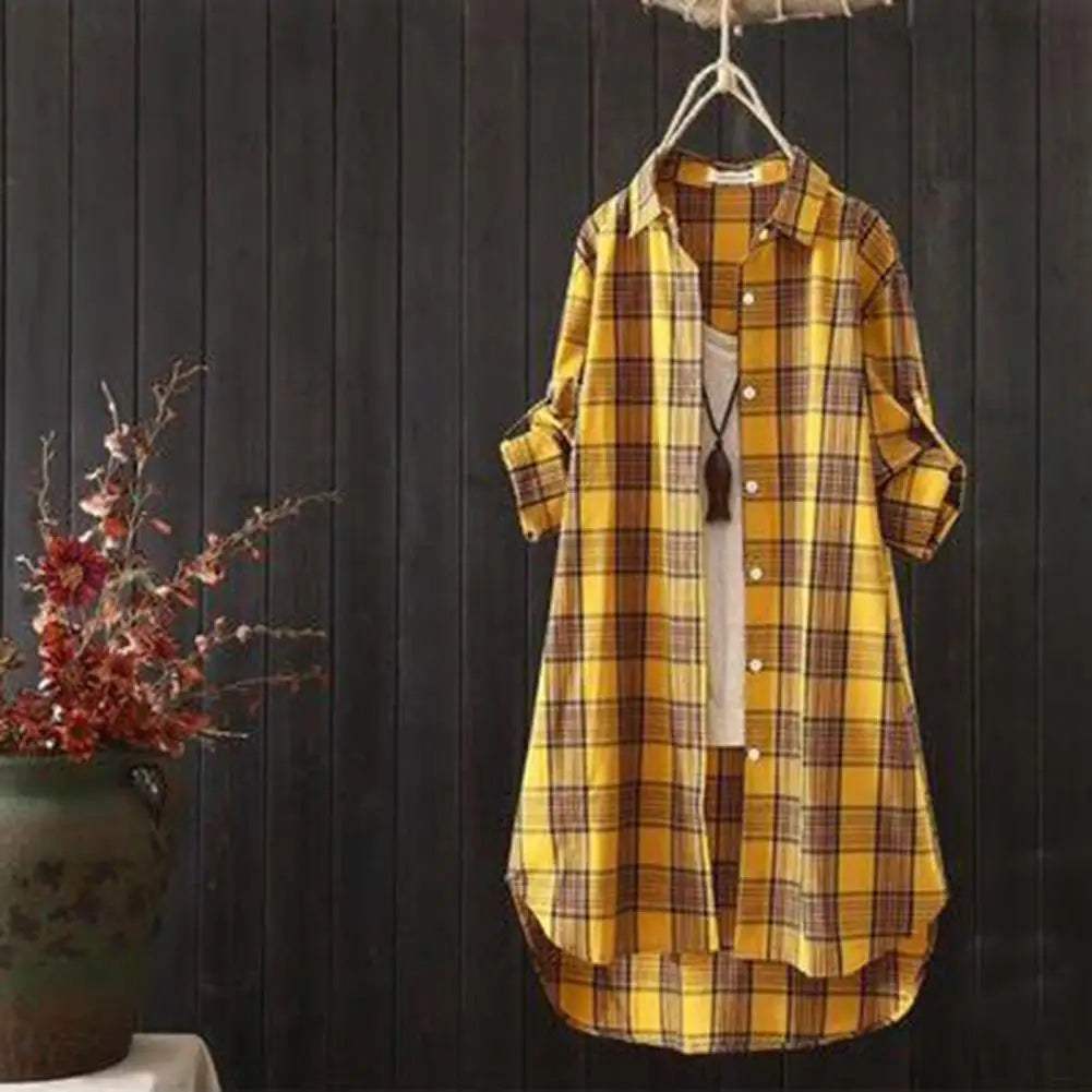 🍒Lapel shirt dress stylish plaid shirt coat women lapel long sleeve cardigan autumn outfits casual work shirts for ladies