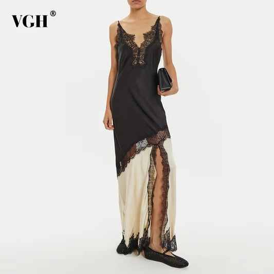 🍒Colour block lace dress sheer lace clothing for women long outfit v-neck sleeveless High wasit slim split dresses Female occasion wear party wear You wont be UNDER impressed with this FASHION  WEAR