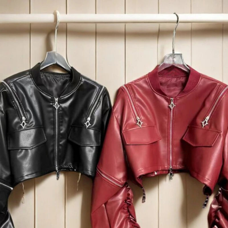 🍒pu cold shoulder leather jacket Y2K asthetic streetwear outerwear loose fashion women solid fashion female crop coat Keep Snug In A Cold Shoulder Coat