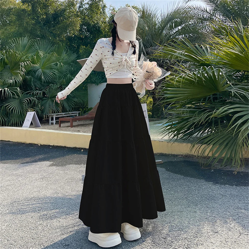🍒Womens long skirts vintage sweet skirt high waist female fashion clothes maxi girly pink black loose jersey a-line umbrella maxi skirt  Carry This Umbrella