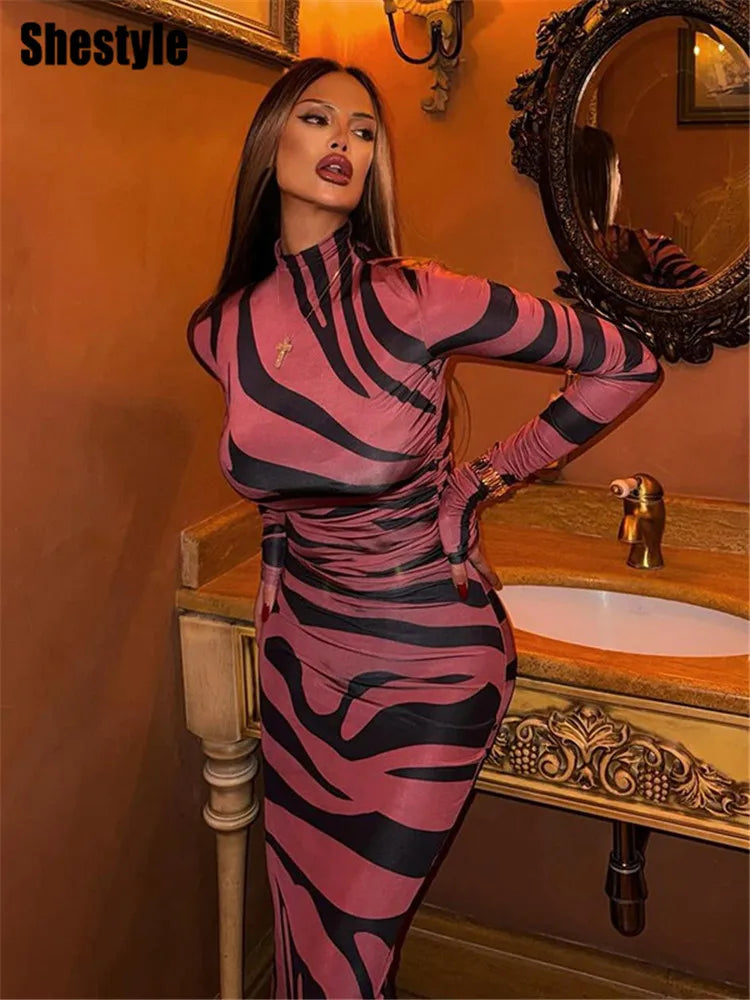 🍒Red striped long dress womens bodycon turtle neck zebra print mesh outfit clubwear party occasion wear clothing                       Catwalk Your Tiger