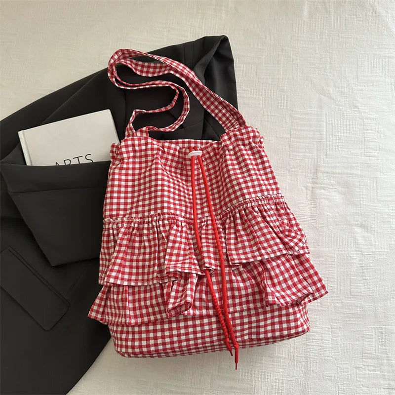 🍒Fashion ruffles check womens drawstring shoulder bag girls commuter womens simple shoulder bag tote bag large capacity handbags
